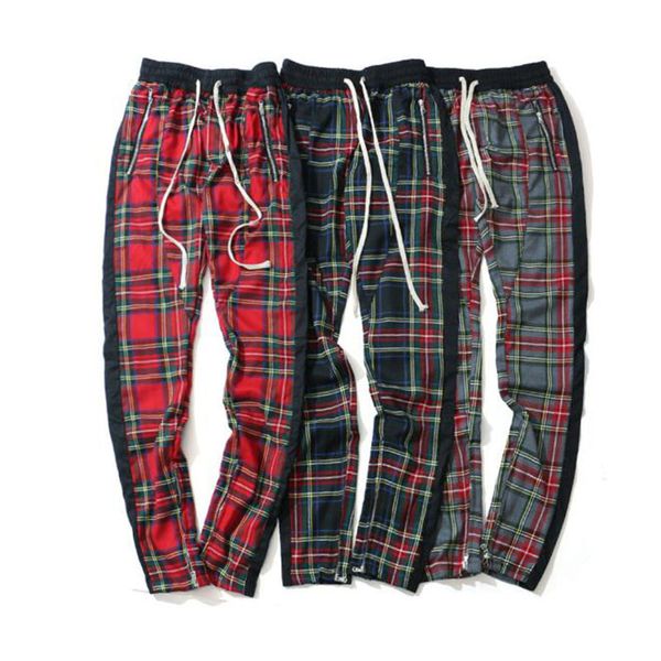 

side stripe patchwork elastic waist plaid men high street leg opening zipper men's pants full length, Black
