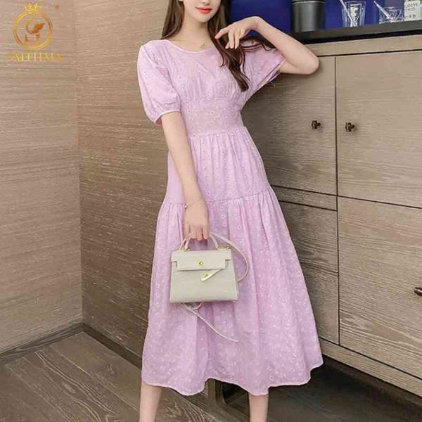 

arrival fashion sweet girls o-neck solid puff sleeve summer dress robe elegant embroidery hollow out vestidos 210520, Black;gray