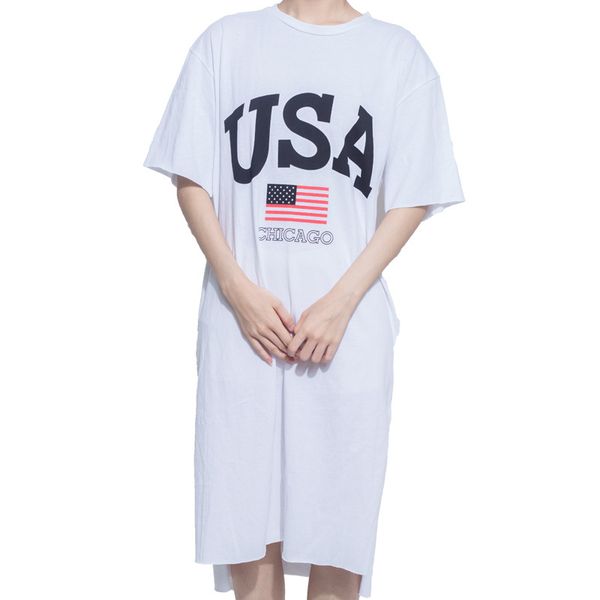 

white pink brown blue crew neck short sleeve knee length long t shirt dress casual loose letter d0909 summer 210514, Black;gray