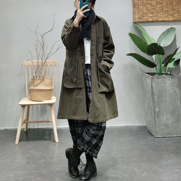 

women's jackets 2021 long women autumn winter retro casual coat ladies turn-down collar button pocket vintage, Black;brown