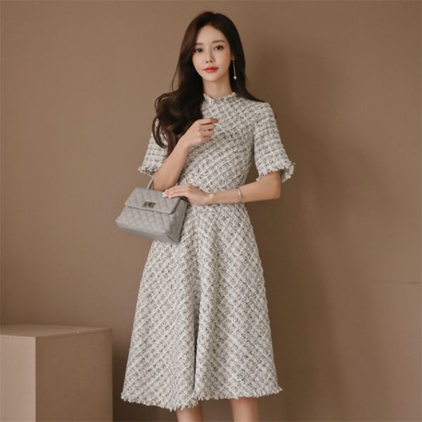 

autumn vintage ladies temperament plaid short sleeve warm thick tassel a-line party dress 210602, Black;gray