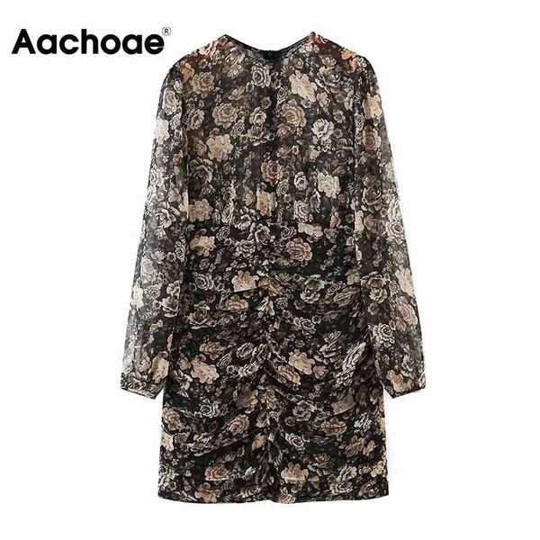 

aachoae bodycon floral mini dress o neck pleated chiffon dress transparent long sleeve print party dress vestido de mujer 210413, Black;gray