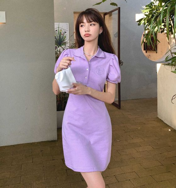 

[milaidi] lapel drs women's 2021 summer loose short sleeve polo collar medium length t-shirt skirt, Black;gray