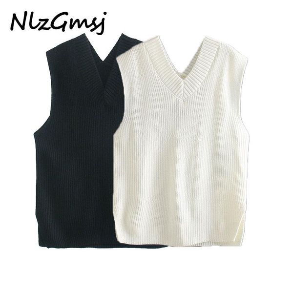 

women's vests nlzgmsj autumn winter knitted vest v neck oversize outerwear sweaters sleeveless casual solid white clothing female, Black;white