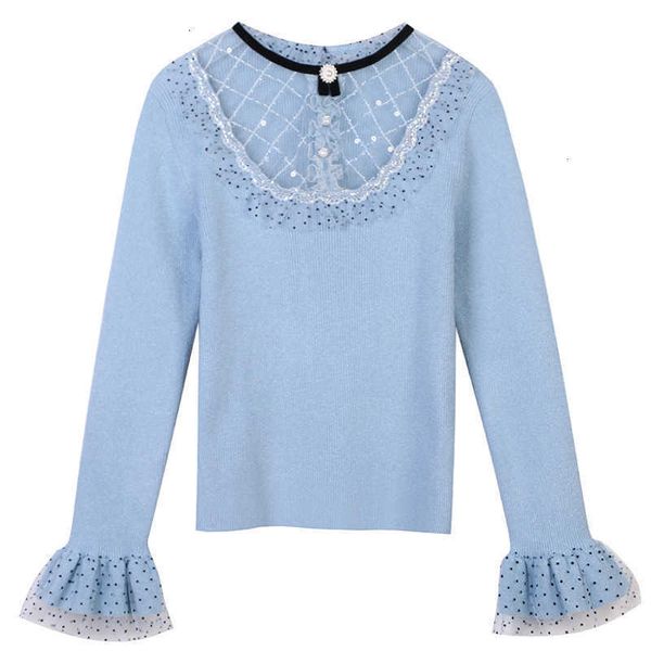 

women's sweaters o-neck lace beaded luxury slim blue knitwear sweater fall winter women pullover flare sleeve sweet brand clothes saak, White;black