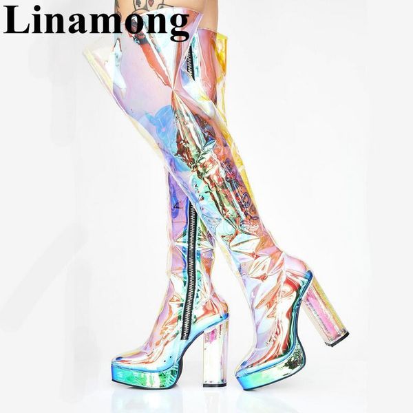 

boots 2021 est pvc square heel spring and summer fashion high 3-5cm platform side zipper women over-the-knee long, Black