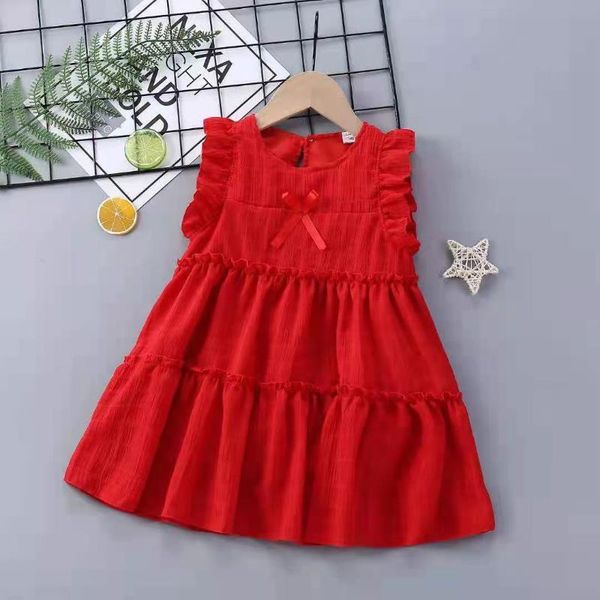 

summer girls' dress solid color casual sleeveless party princess cute children's baby kids girls clothing girl's dresses, Red;yellow