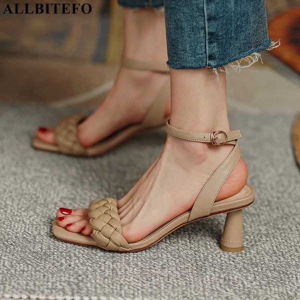 

allbitefo fashion weave high heels shoes ankle buckle women heels shoes summer women sandals des sandalias women shoes 210611, Black