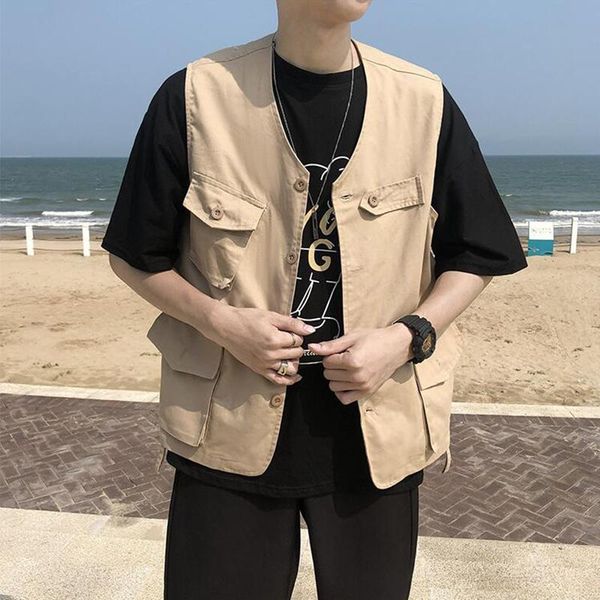 

men's vests tooling vest korean fashion hong kong style loose sleeveless waistcoat, Black;white