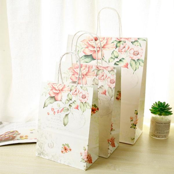 

gift wrap 10 pcs/lot 25*18*10cm flower paper bags with handles for packaging decoration festival wedding party favors