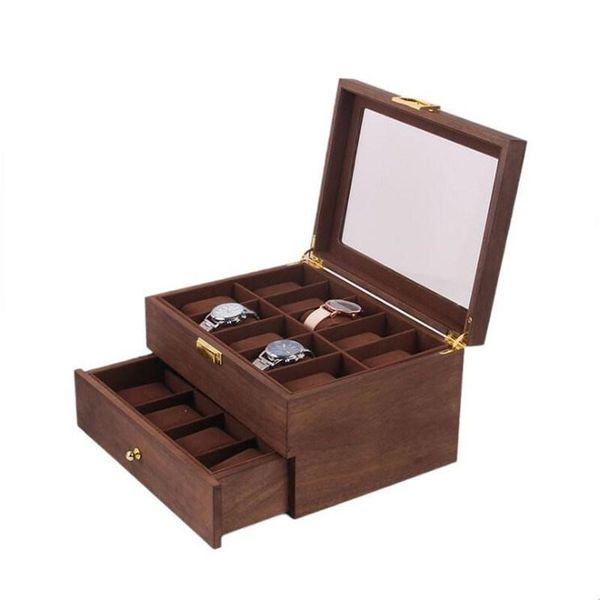 

watch boxes & cases 10/20 grids double layer retro box walnut wooden case storage organizer for men women jewelry gift, Black;blue
