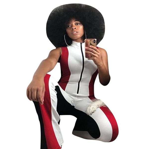 

women's two piece pants joiekuno patchwork fashion casual street jumpsuits o neck zip club rompers women set bodycon blusas mujer de mo, White