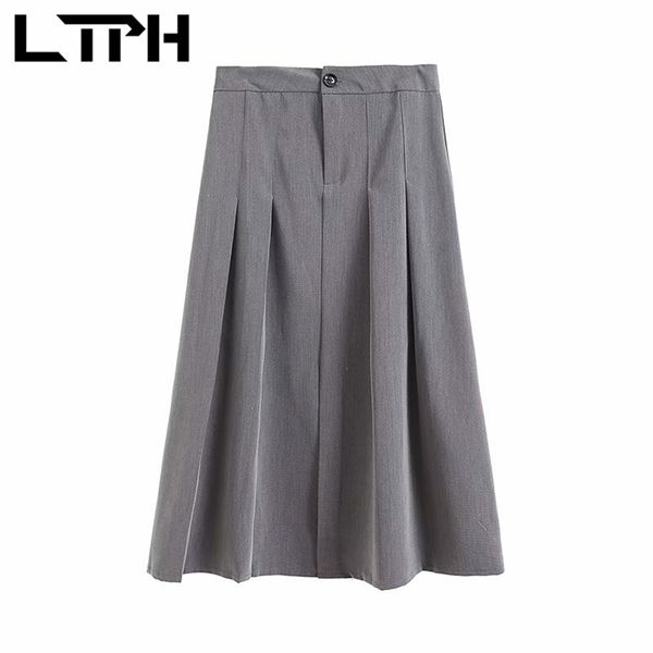 

ltph ins fashion korean gray high waist a-line skirt women office lady mid-length button zipper pleated skirts summer 210423, Black