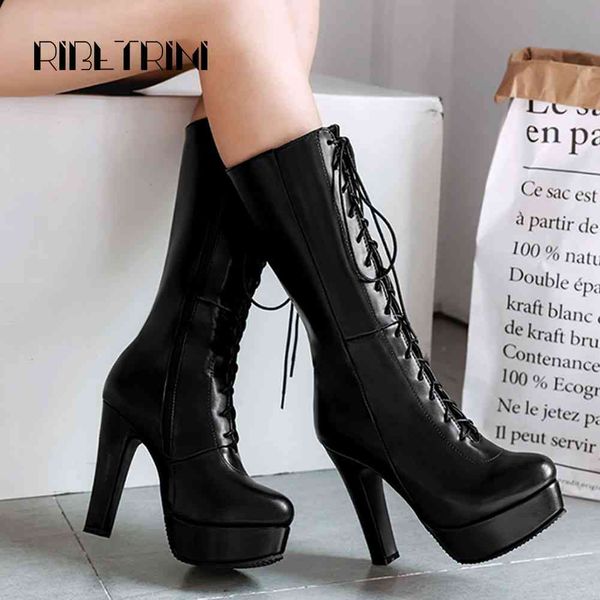 

boots high heels mid claf for women autumn winter add fur shoes woman round toe platform boots big size 33-50, Black