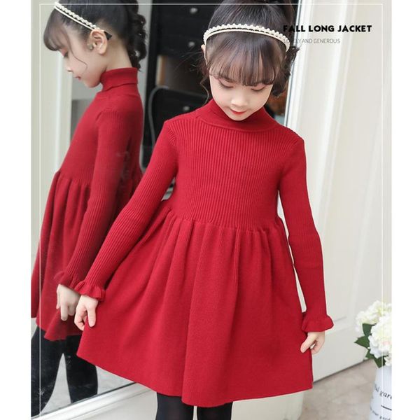 

girl's dresses girls dress solid knitted turtleneck sweater girl autumn winter kids clothes 6 8 10 12 14 year, Red;yellow