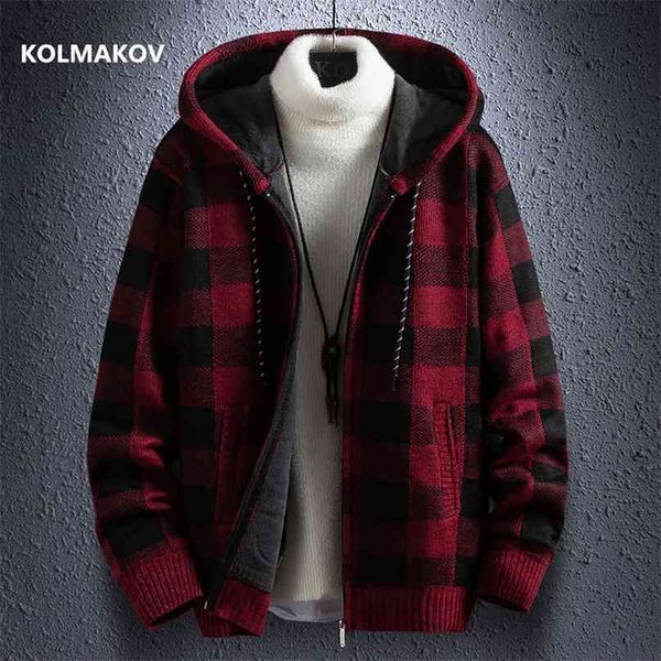 

winter thick cardigan men's sweater zipper striped hooded fashion warm slim fit knitted male fleece hoodies coats men 210918, White;black