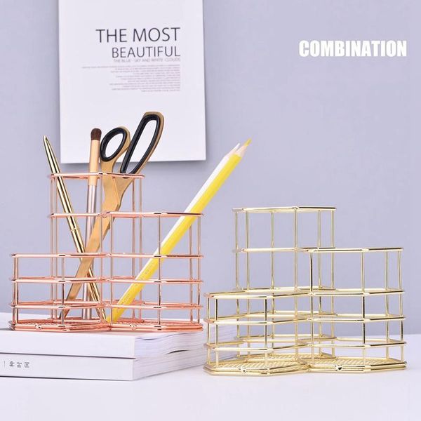 

nordic golden hexagonal combination wrought iron pen holder creative multifunctional deskeyebrow pencil storage bucket hooks & rails