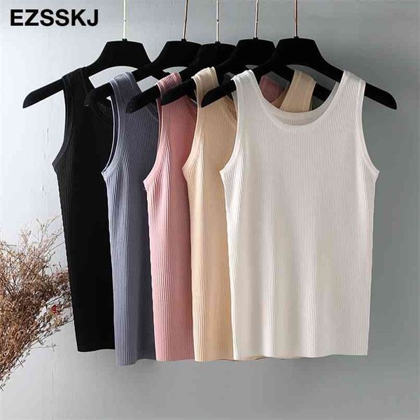 

spring summer women o-neck knitted tank baisc camis casual sleeveless vest female slim tanks short 210705, White