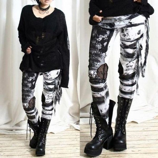 

women's pants & capris cool ultra gathered gothic rocker distressed punk tie leggings, Black;white