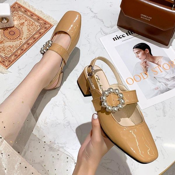 

sandals miaoguan 2021 women elegant pearl high heels vintage square toe leather sandalias woman fashion mary jane shoes ladies, Black