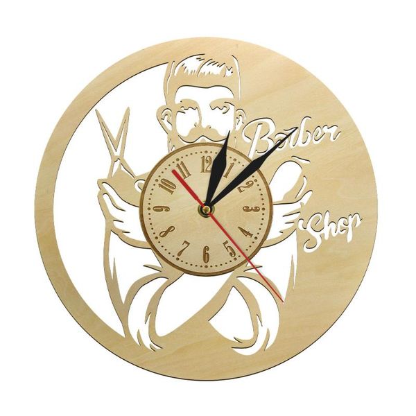 

wall clocks oem dropship natural wood clock decoration barber shop hairdresser's profession handmade wooden 3d art