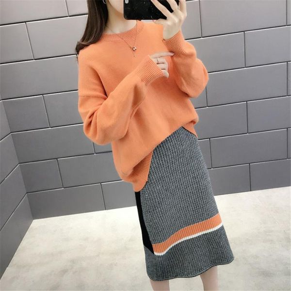 

two piece dress plus size xl women knitted and skirt suits striped long sleeve pullovers sweater elegant female 2 set, White
