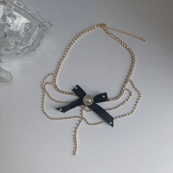

chokers 2021 retro black bow necklace multilayer rhinestone temperament sweet women clavicle chain, Golden;silver