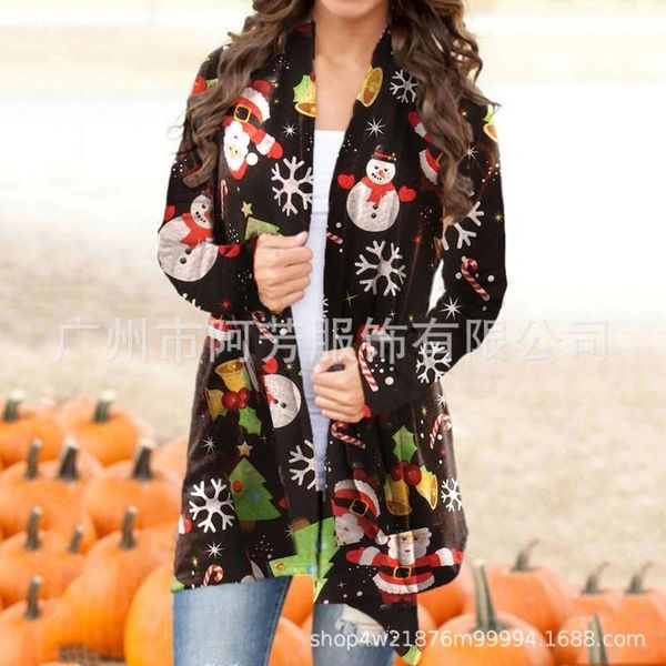 

women's vests christmas printed casual long sleeve cardigan women, Black;white