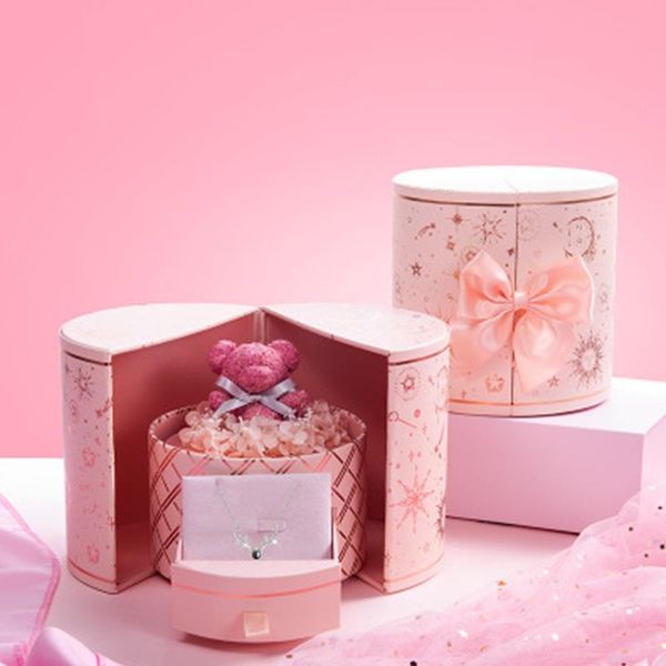 

jewelry pouches, bags pink bear eternal rose preserved artificial flower box wedding valentines day souvenir beautiful gift set case for wom, Pink;blue