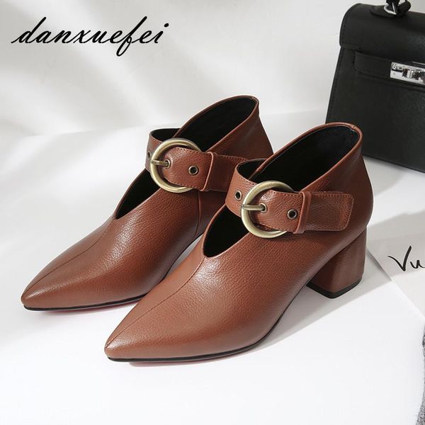 

dress shoes women's genuine leather v-shape metal buckle med heel pumps brand designer retro vintage spring autumn high heeled size 43, Black