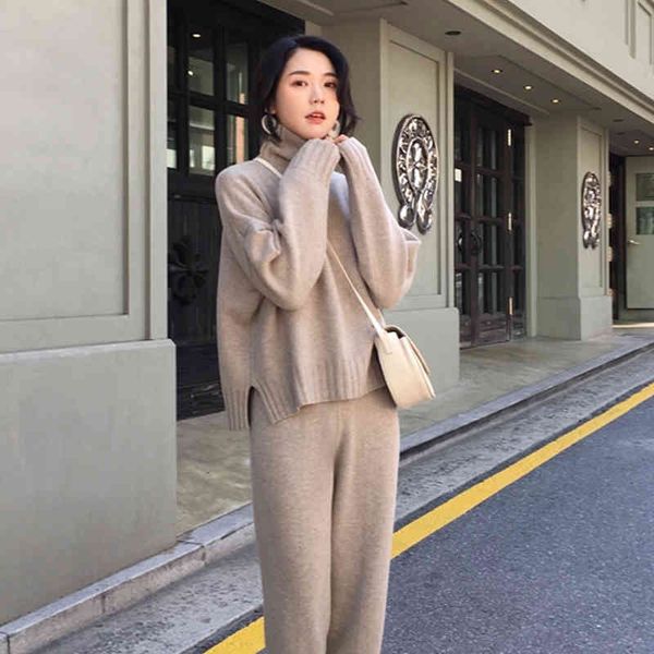 

women's two piece pants autumn winter knitted tracksuit turtleneck sweatshirts for women suit clothing 2 set knit pant female dhlu, White