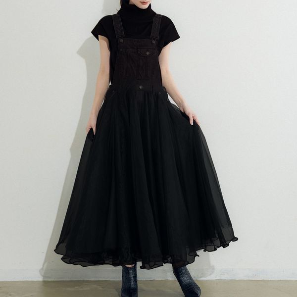 

chic black denim mesh women dress 2021 korean summer school maxi dresses high waist robe japan style expansion femme vestiods, White
