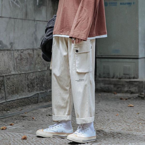 

men's pants cotton cargo fashion retro pocket casual men streetwear korean loose hip-hop straight mens trousers, Black