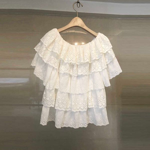 

summer women's clothing sweet one-line neck strapless ruffle cake lace shirt women 210706, White