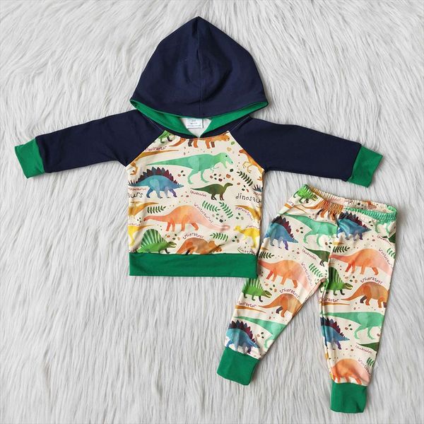 

sell toddler boys long sleeve clothing set infants hoodie outfits with dinosaurs pattern children fashion fall winter suit, White