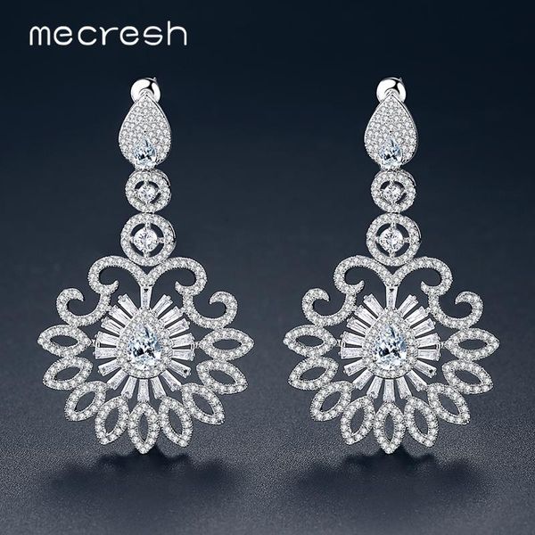 

mecresh white gold color flower + cz drop earrings for bride 2021 women statement wedding party large hanging eh1058 dangle & chandelier, Silver