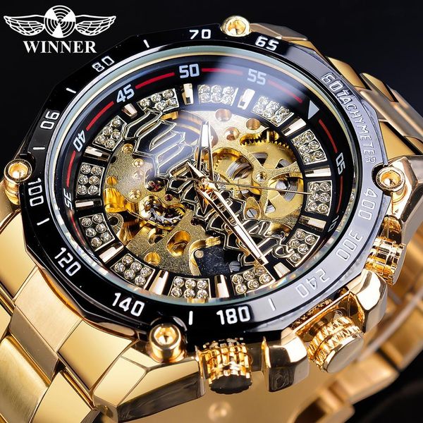 

winner men steampunk fashion golden open work transparent automatic skeleton clock mechanical brand luxury lightseller, Slivery;brown