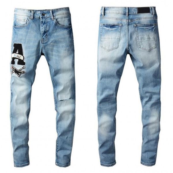 

jeans srping biker denim stripe jean men los angeles street fashion hole black slim skinny pants, Blue