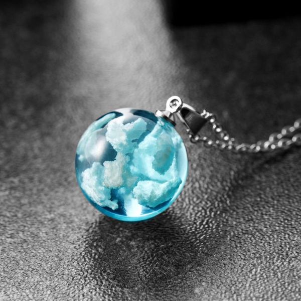 

pendant necklaces looker glow in the dark resin ball bead blue sky and white clouds necklace link chain novel design for women, Silver