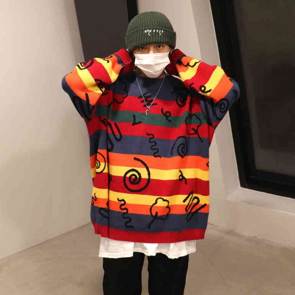 

men's sweaters zazomde colorful striped graffiti pullover sweater oversize male around hip hop neck mesh s streetwear baggy d8f4, White;black