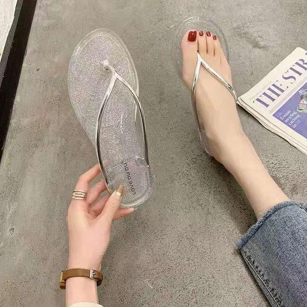 

slippers 2021 summer style jelly transparent woman flat flip flops flip-flops beach sandals 47001, Black