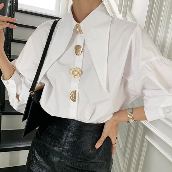

women's blouses & shirts pointed collar long lantern sleeve chic ladies blouse white trendy clothing sequined gold buttons shirt blusas