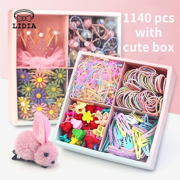 

hair accessories children 1140pcs clips and headrope elastic rubber bands colorful headdress candy solid color decoration, Slivery;white