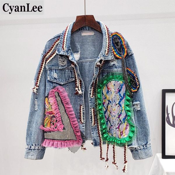 

cyanlee women streetwear patch denim bomber jacket female personality short diamonds tassel jean coat jaqueta feminina women's jackets, Black;brown