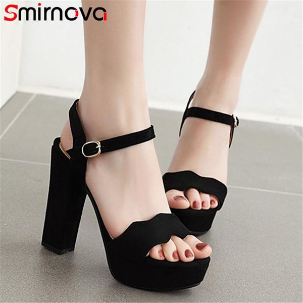 

smirnova 2021 arrive women sandals flock buckle elegant high heel platform summer party wedding shoes ladies, Black