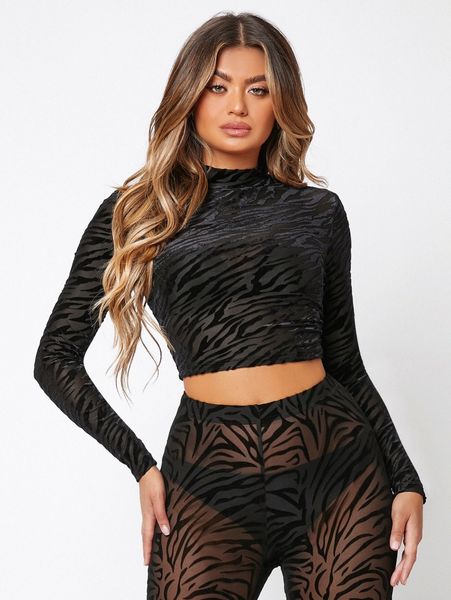 

mock neck zebra stripe crop without bra 66cg#, White