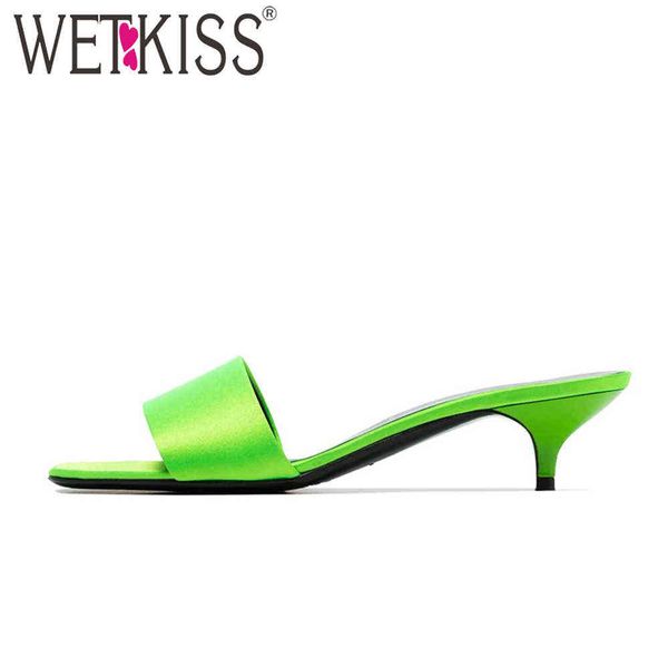 

wetkiss peep toe lady slippers women kitten heels slides strappy woman mules shoes fluorescent green summer dress slipper 210630, Black