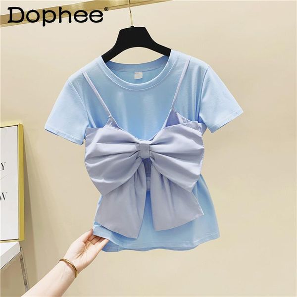 

summer korean bow decoration sling short sleeve round neck cotton t-shirt women two-piece suit fashion kawaii clothes women's, White