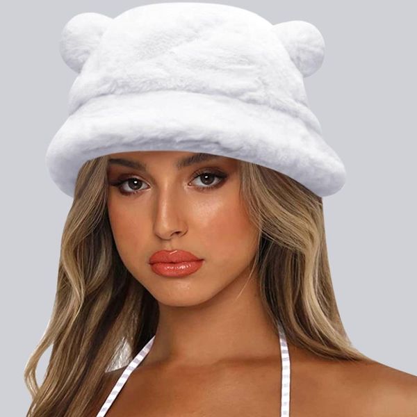 

wide brim hats faux fur winter bucket hat for women outdoor sunscreen sun panama cap ladies 2021 solid artificial warm female, Blue;gray