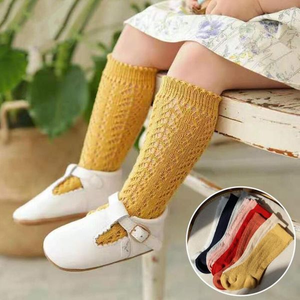 

0-7y summer children socks for girls knitted cotton long sock knee high toddlers princess baby hollow out infant boys, Pink;yellow